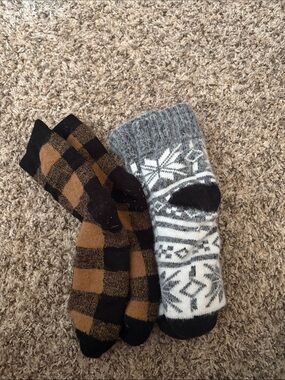 Men's Cozy Wool Blend Crew Socks - Black & Brown Plaid and Gray Fair Isle